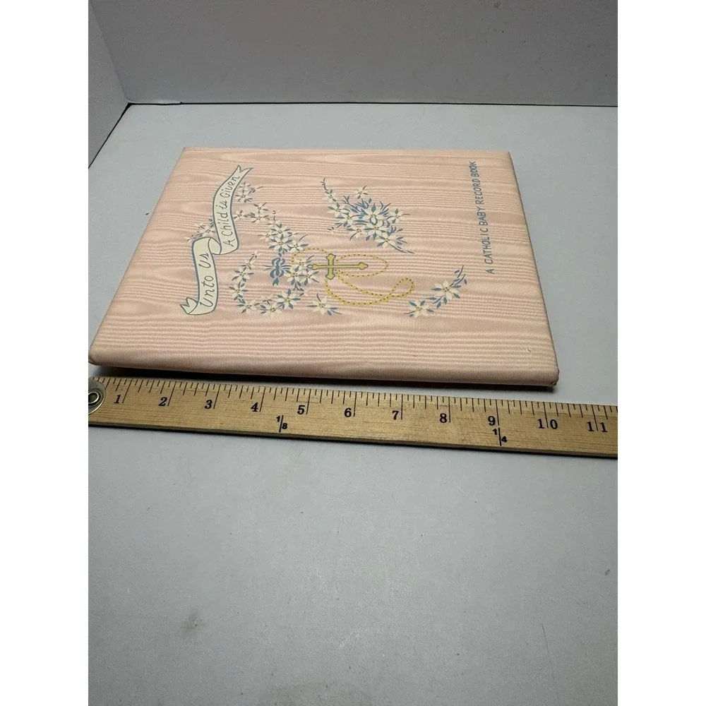 Vtg 50'S CATHOLIC BABY RECORD  BOOK  8X10 Lovely Graphics NEVER USED Satin Cover